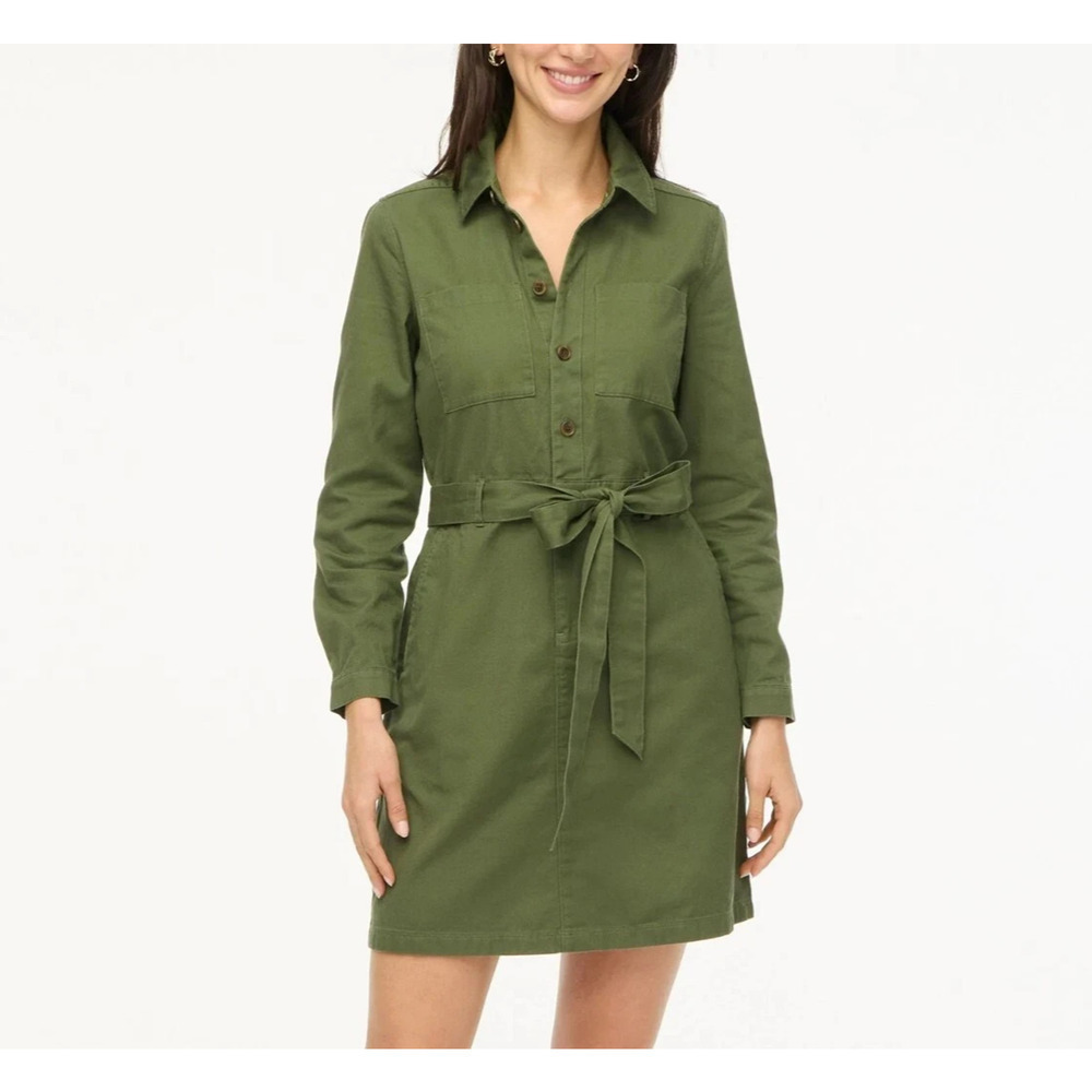 J Crew Long Sleeve Utility Shirt Dress Size 20 Olive Green Pockets Belt NWT
